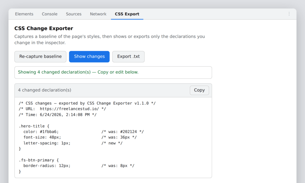 Screenshot of CSS Change Exporter Chrome extension.